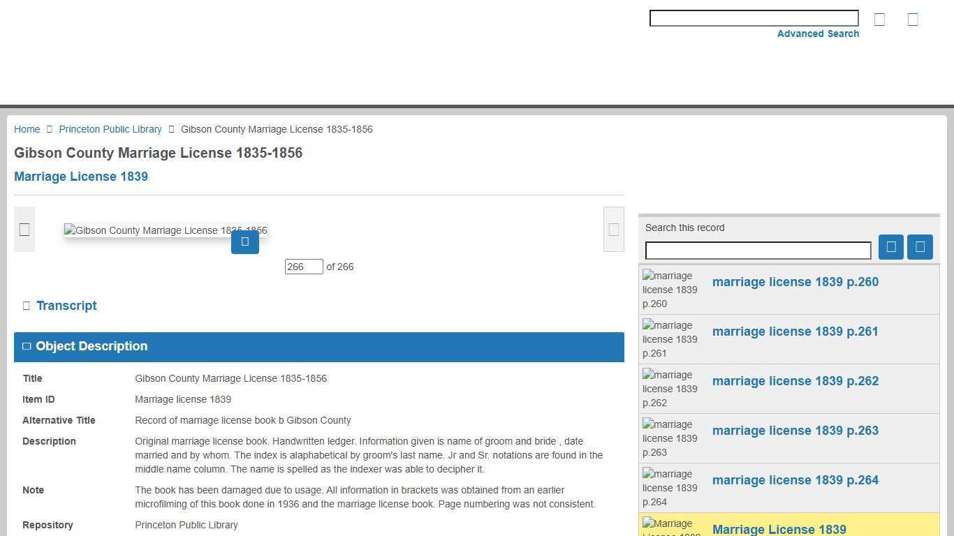 Gibson County Marriage License 1835-1856 - Marriage License 1839 - Princeton Public Library - Collections Hosted by the Indiana State Library