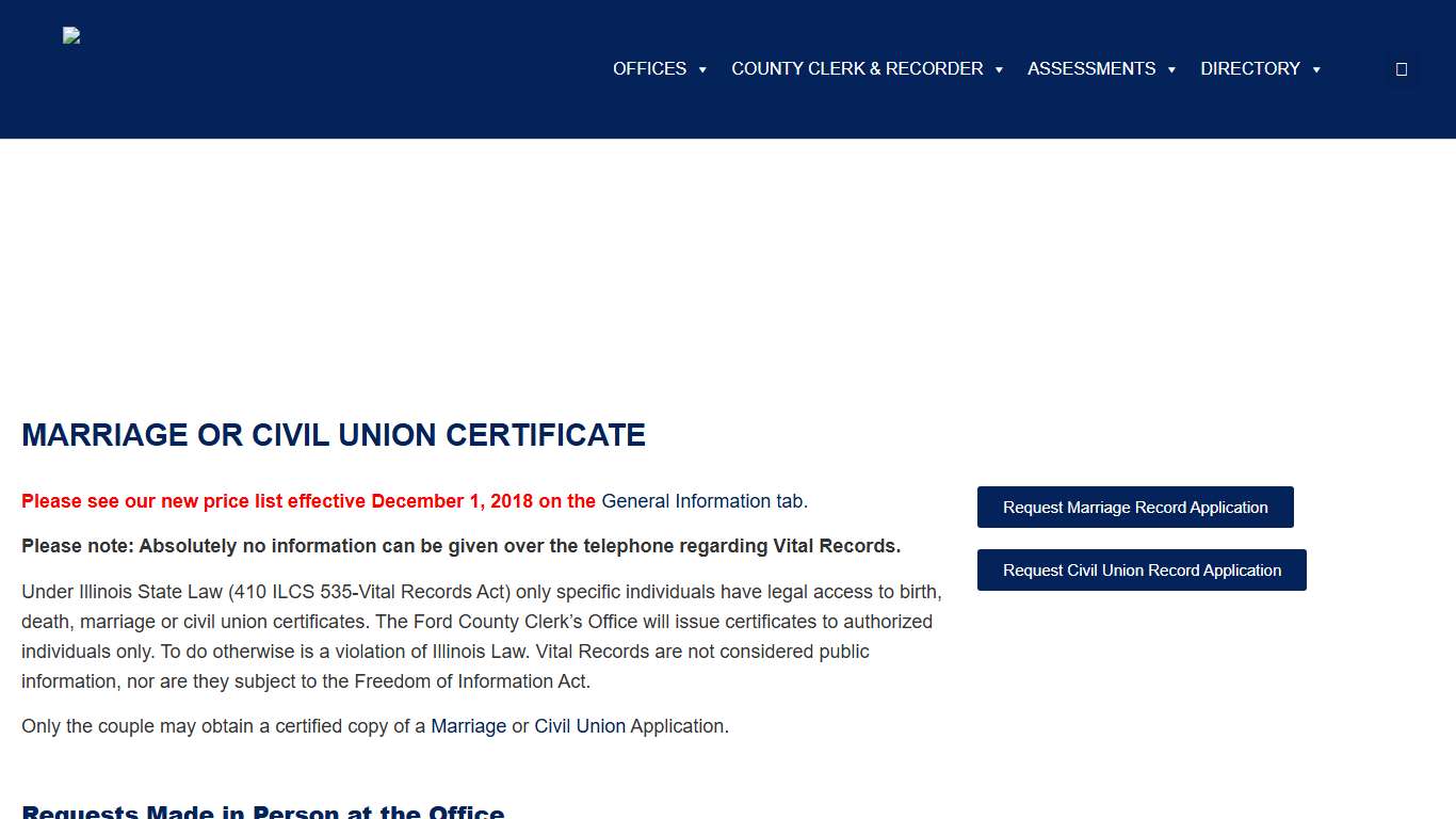 Marriage or Civil Union Certificate - Ford County Illinois
